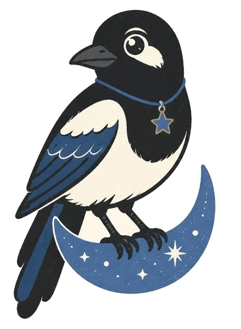 Filchy, a magpie wearing a star pendant, perched on a crescent moon